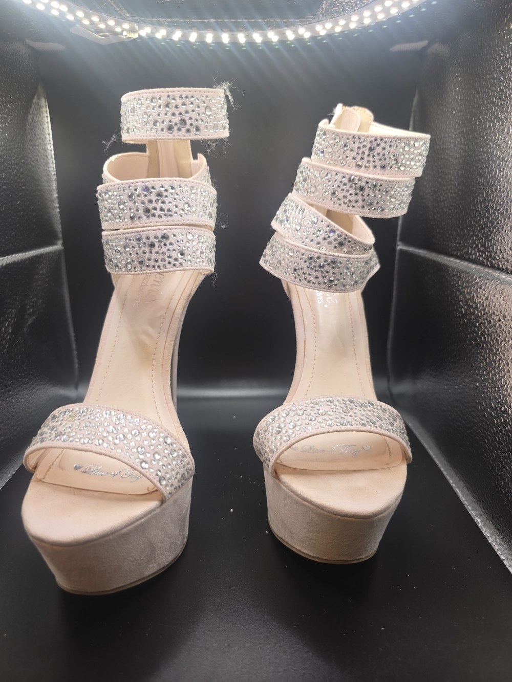 Shoe Dazzle Embellished Blush Platform Heels with Ankle Straps